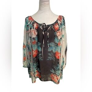 AGB XL Lightweight Sheer Floral Tunic Blouse Romantic Boho Lightweight Top